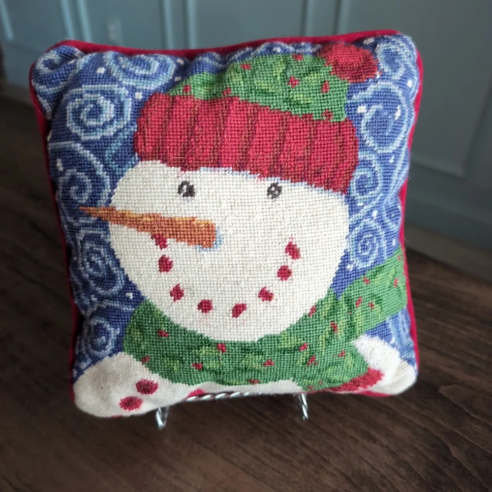 Vintage Needlepoint Snowman Decorative Throw Pillow 8x8 Blue Red Velvet Back